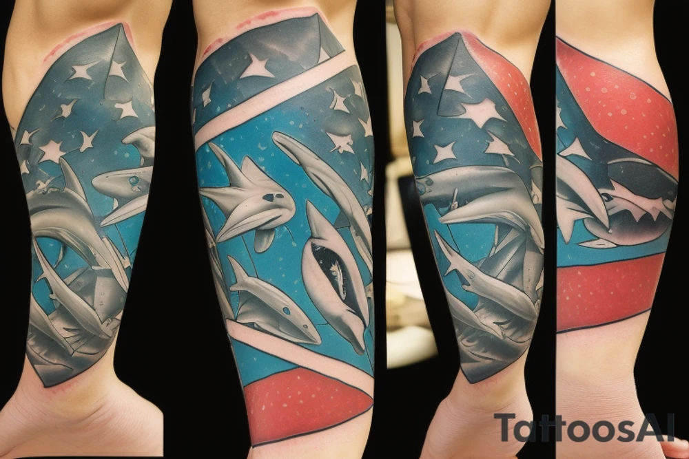Shark biting scuba diver with blood forming diver down flag tattoo idea