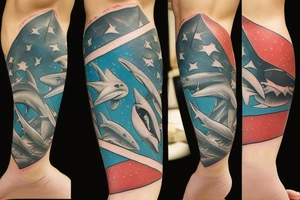 Shark biting scuba diver with blood forming diver down flag tattoo idea