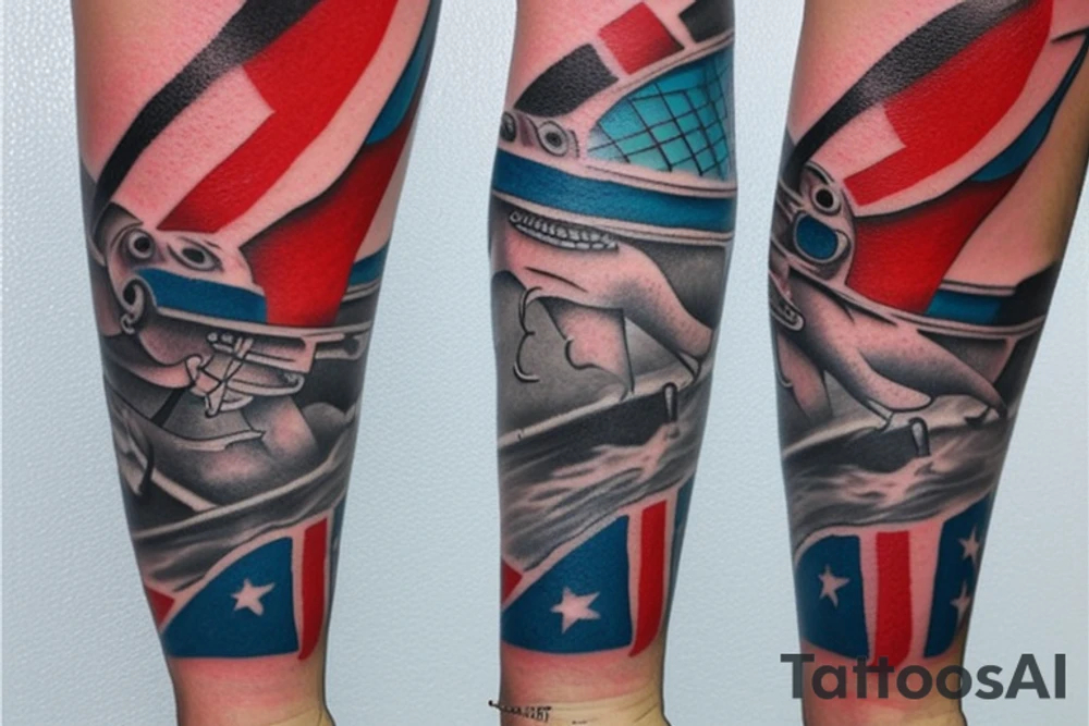 Shark biting scuba diver with blood forming diver down flag tattoo idea
