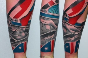 Shark biting scuba diver with blood forming diver down flag tattoo idea