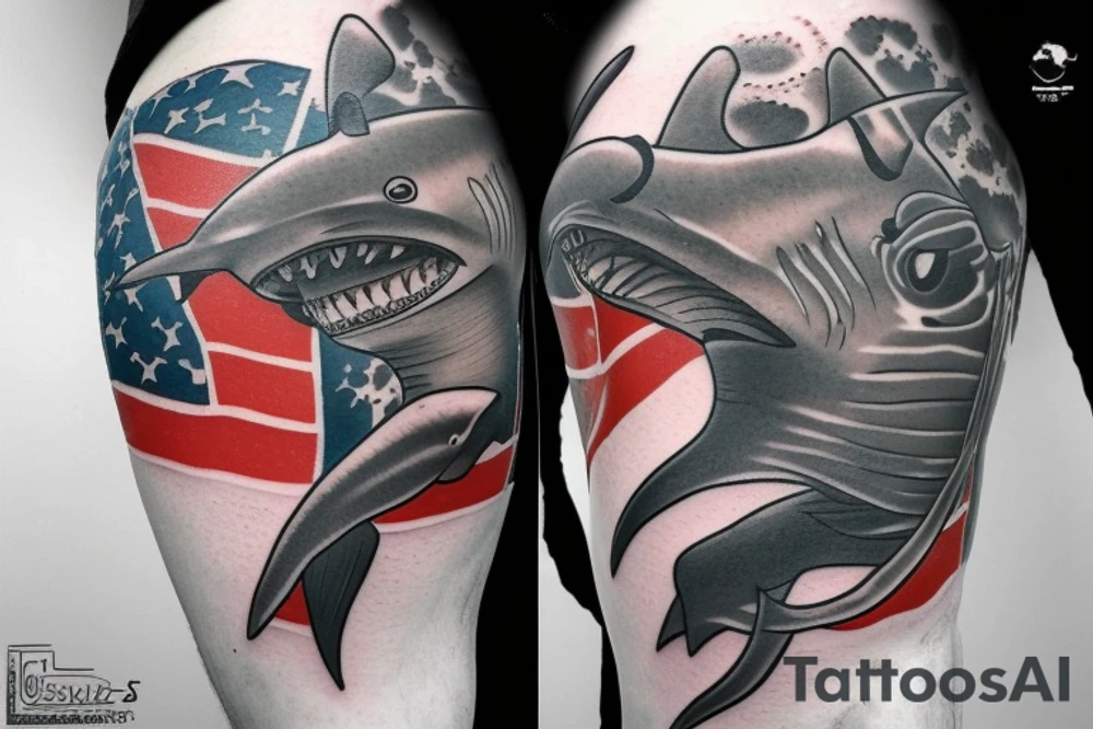 Shark biting scuba diver with blood forming diver down flag tattoo idea