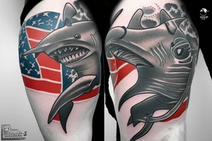 Shark biting scuba diver with blood forming diver down flag tattoo idea