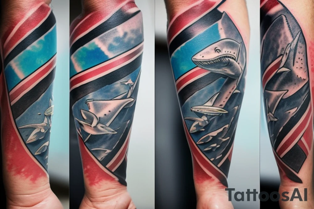 Shark biting scuba diver with blood forming diver down flag tattoo idea