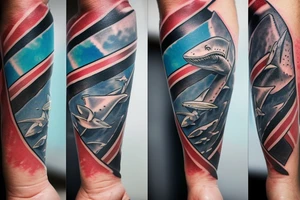 Shark biting scuba diver with blood forming diver down flag tattoo idea