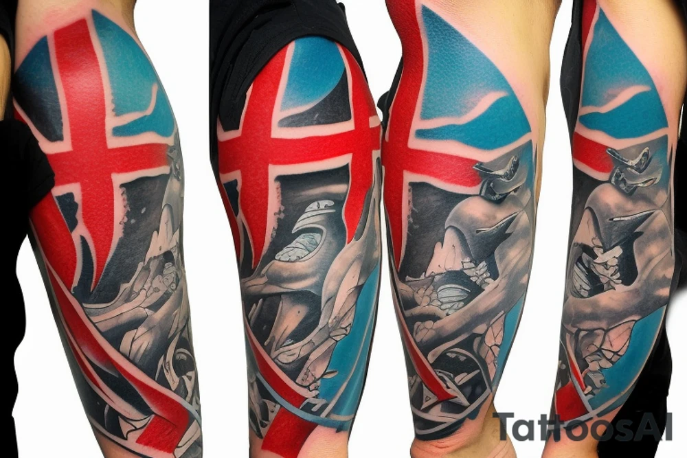 Shark biting scuba diver with blood forming diver down flag tattoo idea