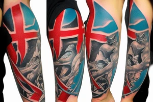 Shark biting scuba diver with blood forming diver down flag tattoo idea