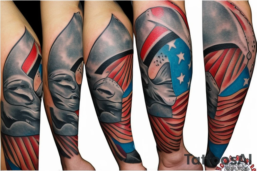 Shark biting scuba diver with blood forming diver down flag tattoo idea