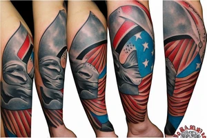 Shark biting scuba diver with blood forming diver down flag tattoo idea