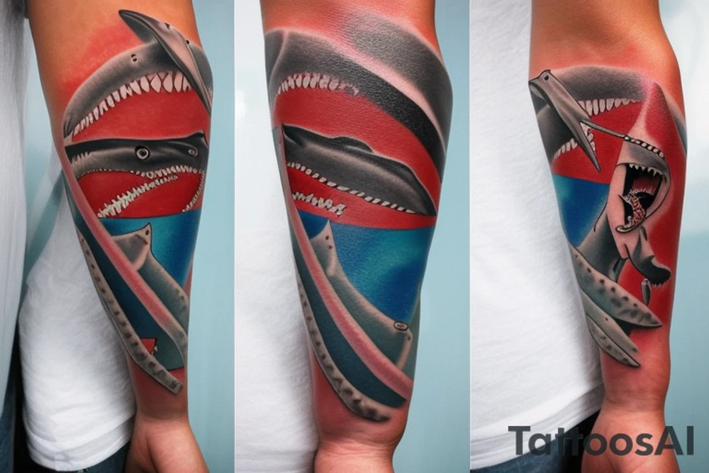 Shark eating scuba diver with blood forming diver down flag tattoo idea