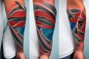 Shark eating scuba diver with blood forming diver down flag tattoo idea