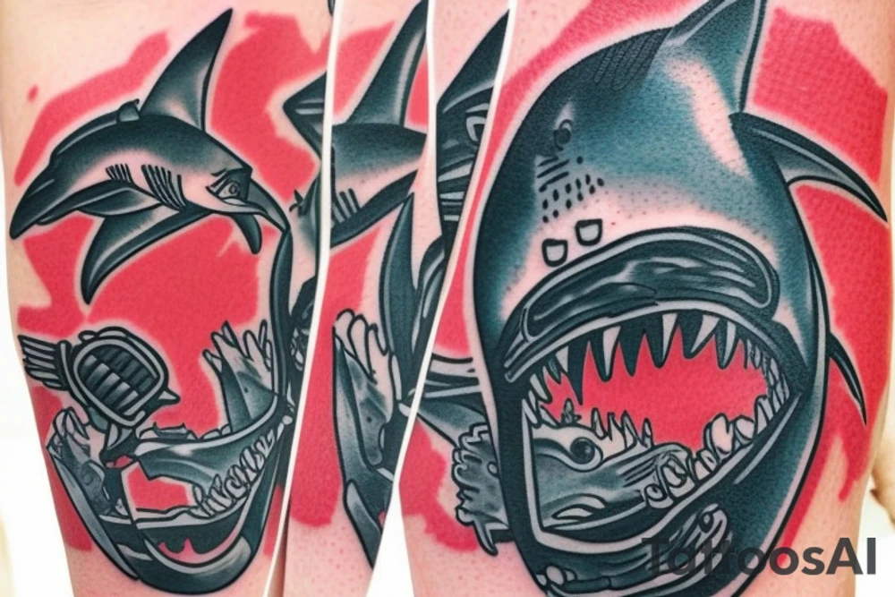 Shark eating scuba diver with blood forming diver down flag tattoo idea