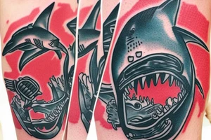 Shark eating scuba diver with blood forming diver down flag tattoo idea