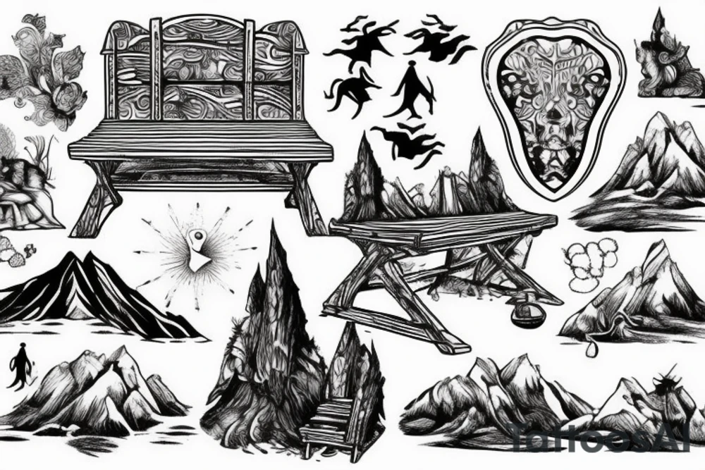 a bench on the top of a mountain as a black and white medieval engraving painting tattoo idea