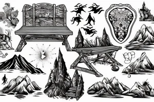 a bench on the top of a mountain as a black and white medieval engraving painting tattoo idea