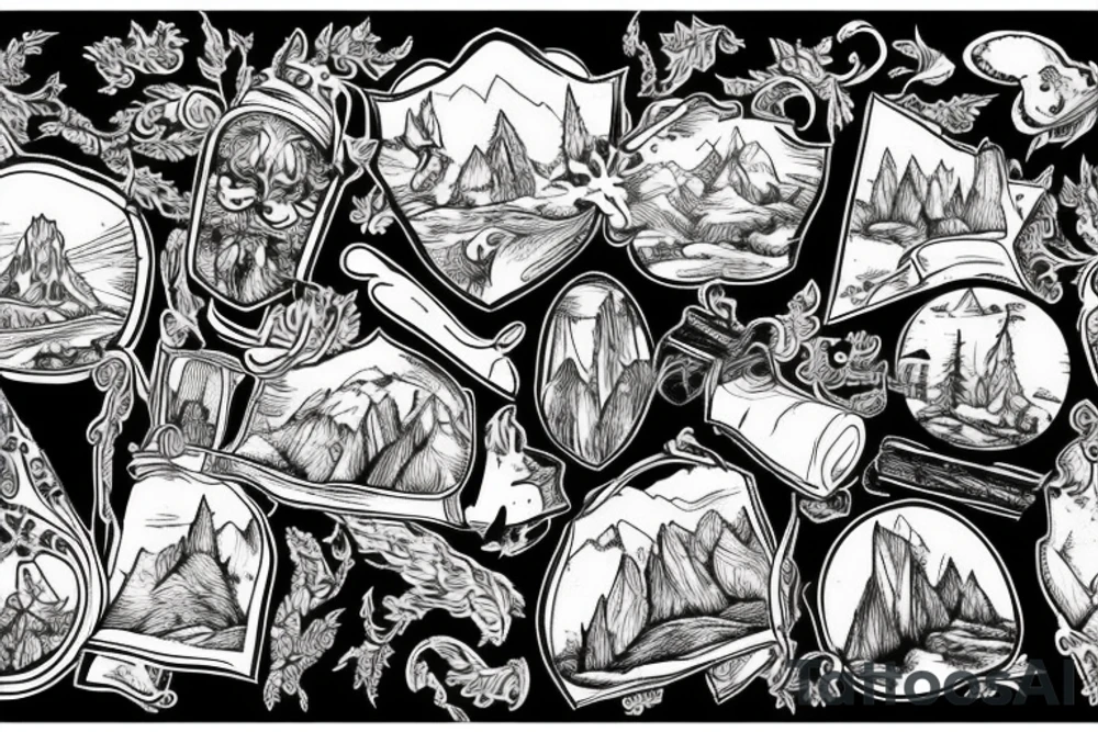 a bench on the top of a mountain as a black and white medieval engraving painting tattoo idea