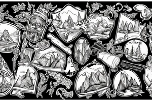 a bench on the top of a mountain as a black and white medieval engraving painting tattoo idea