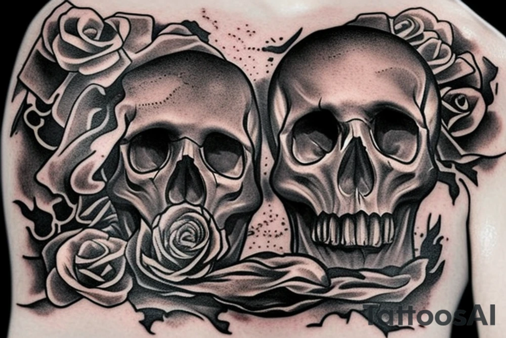 Smoke rising from a whiskey bottle, merging into a skull with a graveyard backdrop tattoo idea