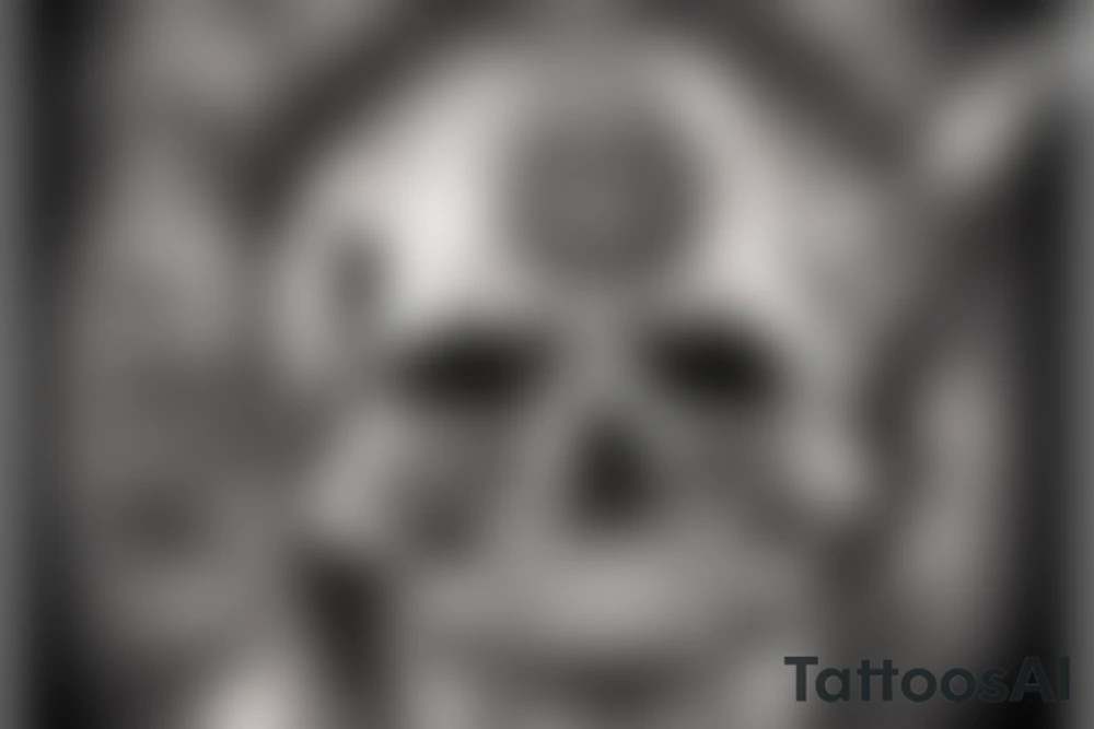 Smoke rising from a whiskey bottle, merging into a skull with a graveyard backdrop tattoo idea