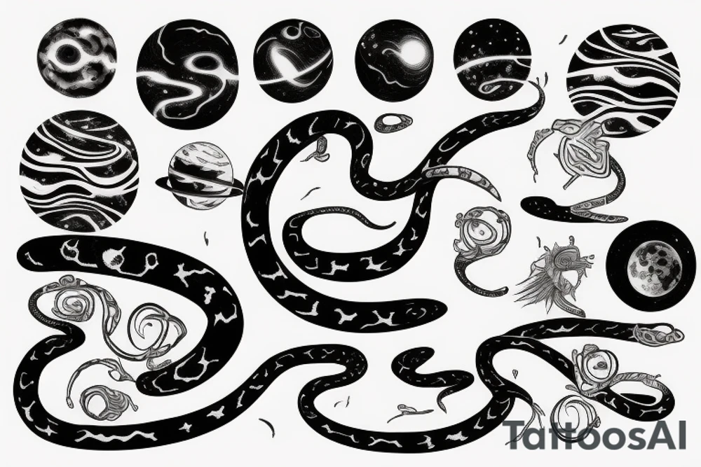 Cosmic snake wrapped around planets tattoo idea