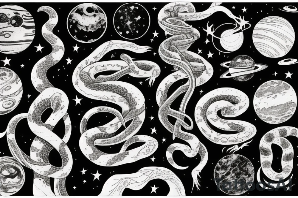 Cosmic snake wrapped around planets tattoo idea