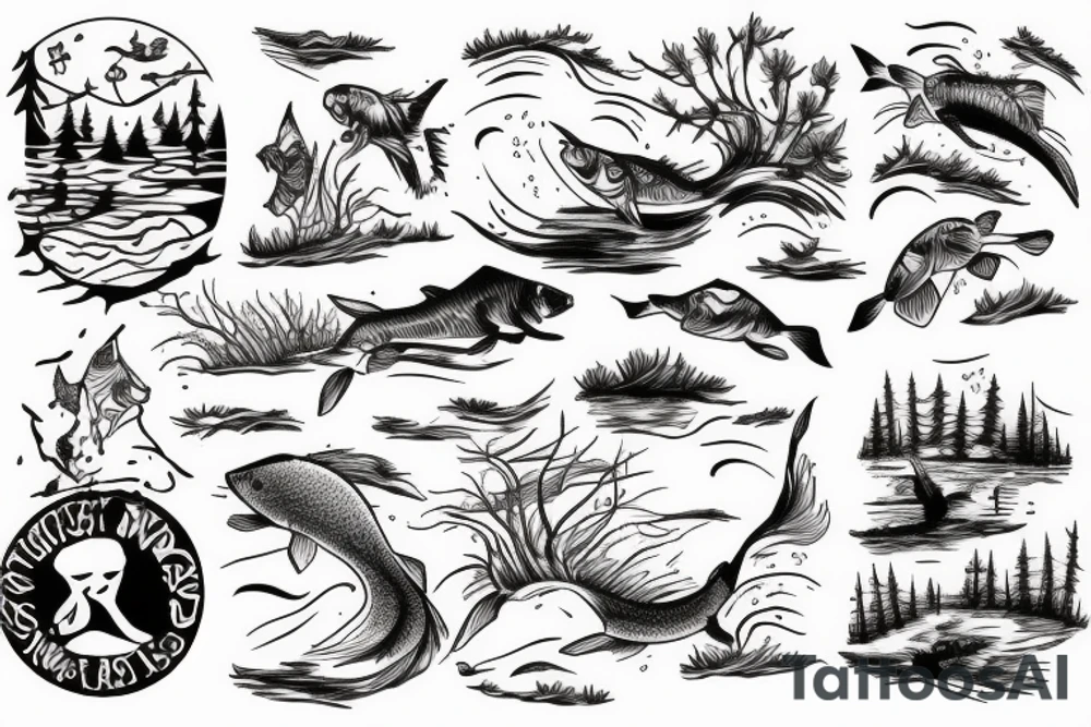 a lake in the forest and a carp jumping out tattoo idea