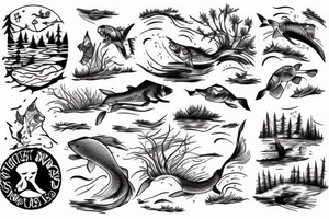 a lake in the forest and a carp jumping out tattoo idea