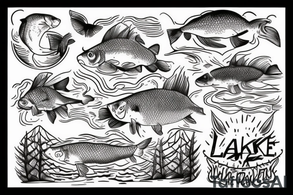 a lake in the forest and a carp jumping out tattoo idea