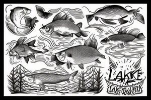 a lake in the forest and a carp jumping out tattoo idea