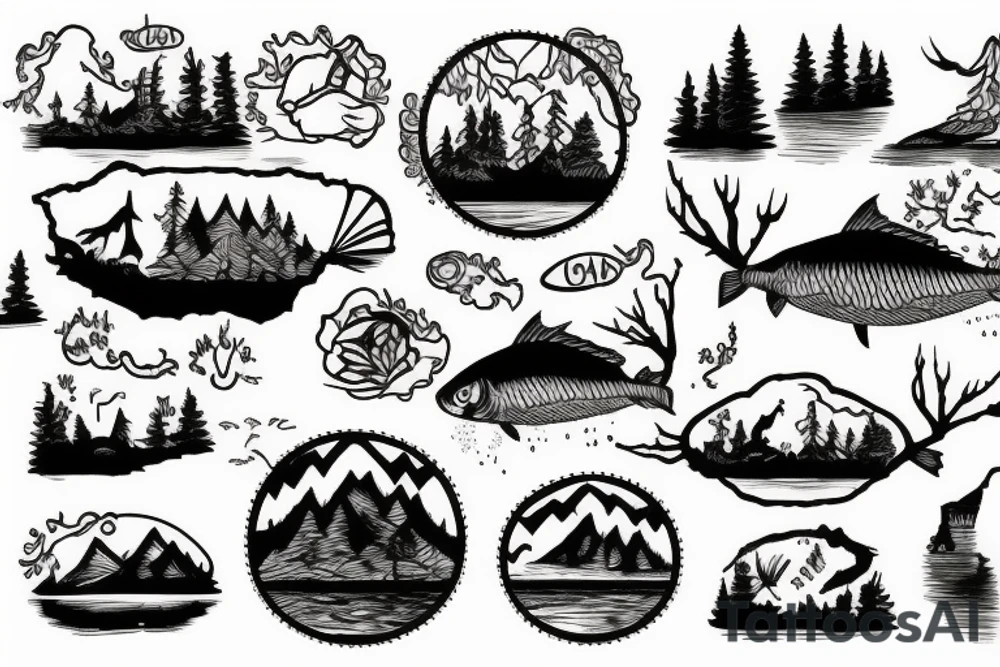 a lake in the forest and a carp tattoo idea