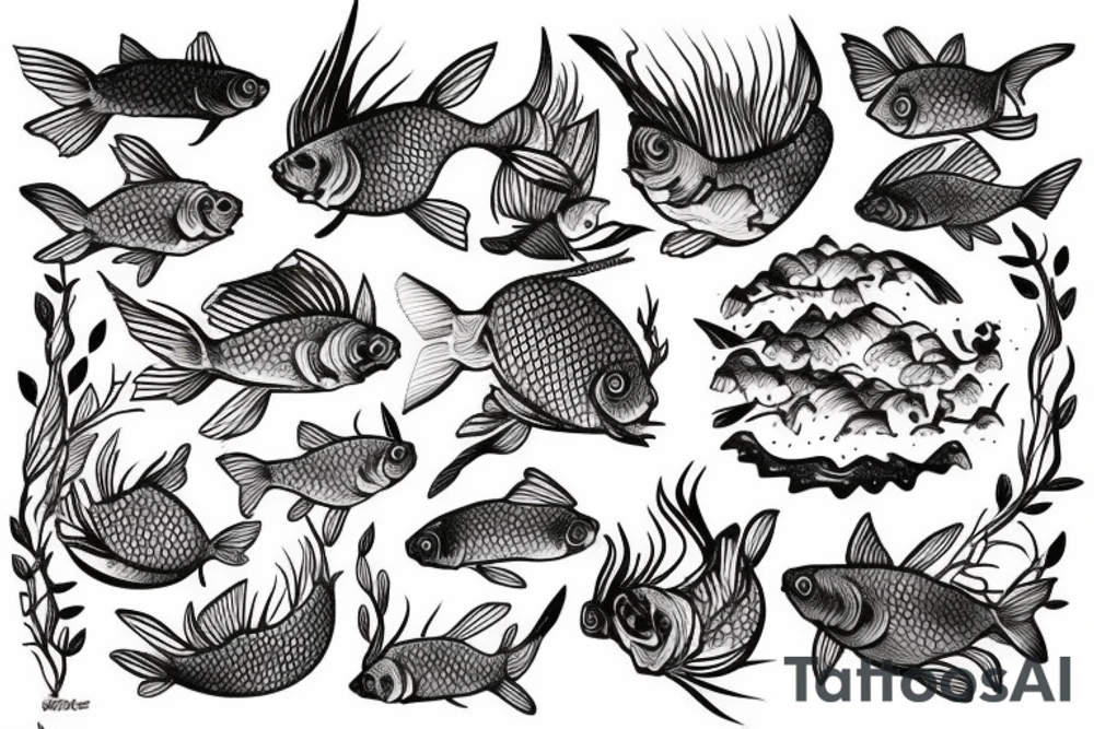 a lake with the carp in the forest tattoo idea
