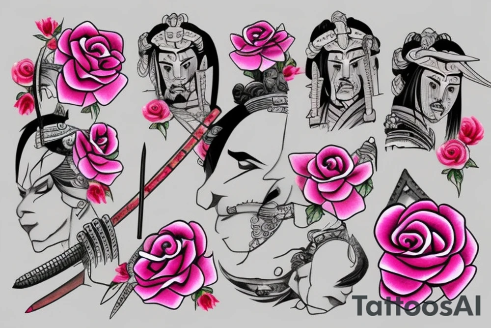 Samurai with pink rose tattoo idea