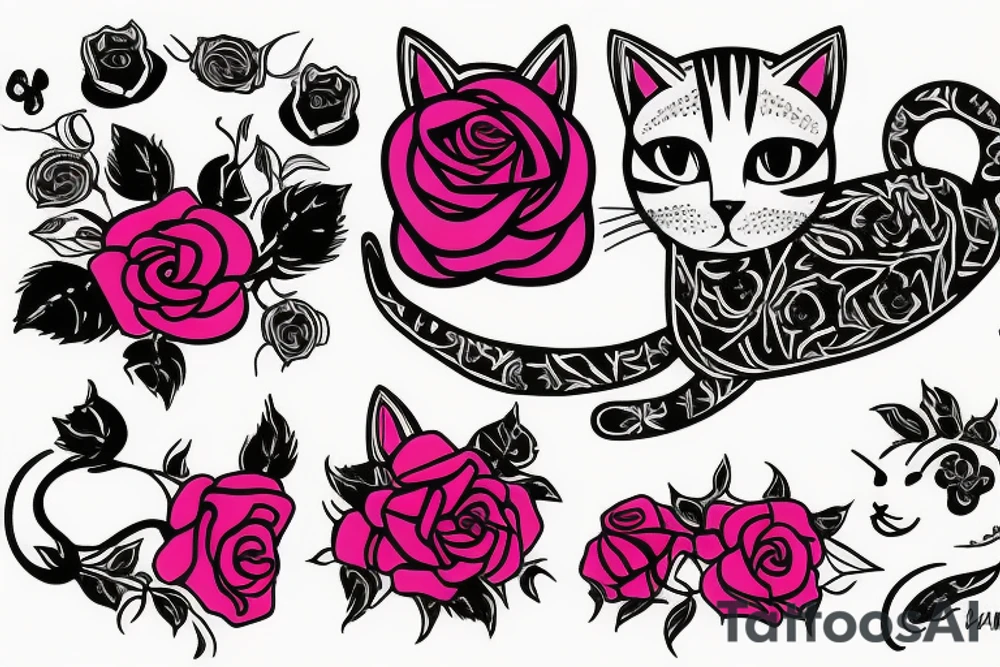 cat with pink rose tattoo idea