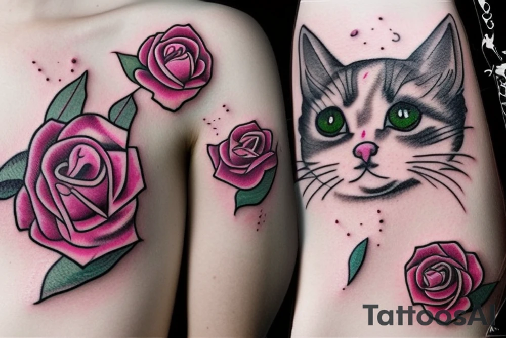 cat with pink rose tattoo idea