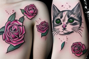 cat with pink rose tattoo idea