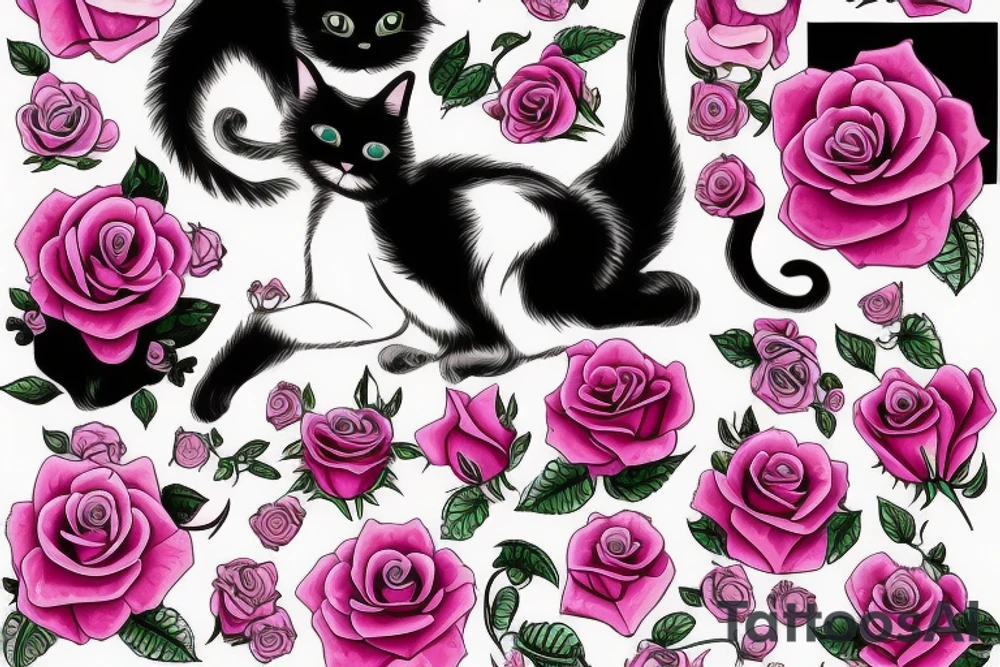 cat with pink rose tattoo idea