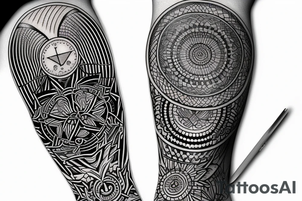 water, geometric, tattoo art, wrist sleeve, black and white tattoo idea