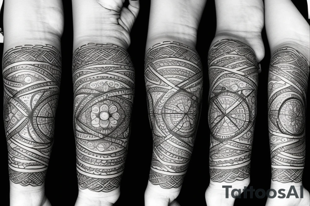 peaceful, circular, tattoo art, wrist sleeve, black and white tattoo idea