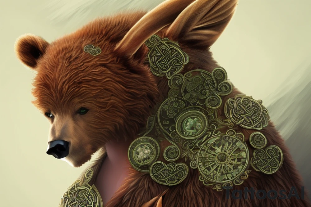 symmetry!! full body portrait!!!! of a beautiful!!!! Celtic goddess Artio, pretty face, young, wearing a Bear coat, intricate, elegant, highly detailed, digital painting, artstation, concept art, smooth, sharp focus, illustration, art, , anime character,  detailed,  vibrant,  anime face,  sharp focus,  character design,  wlop,  artgerm,  kuvshinov,  character design,  unreal engine, beautiful, aurora, crepuscule, stencil art, akihito yoshida, yoshitaka amano tattoo idea
