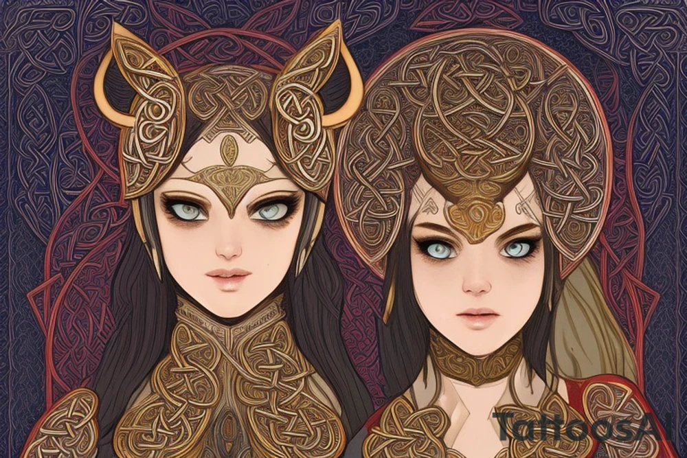 symmetry!! full body portrait!!!! of a beautiful!!!! Celtic goddess Artio, pretty face, young, wearing a Bear coat, intricate, elegant, highly detailed, digital painting, artstation, concept art, smooth, sharp focus, illustration, art, , anime character,  detailed,  vibrant,  anime face,  sharp focus,  character design,  wlop,  artgerm,  kuvshinov,  character design,  unreal engine, beautiful, aurora, crepuscule, stencil art, akihito yoshida, yoshitaka amano tattoo idea