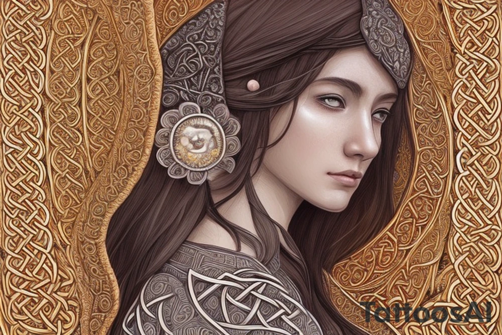 symmetry!! full body portrait!!!! of a beautiful!!!! Celtic goddess Artio, pretty face, young, wearing a Bear coat, intricate, elegant, highly detailed, digital painting, artstation, concept art, smooth, sharp focus, illustration, art, , anime character,  detailed,  vibrant,  anime face,  sharp focus,  character design,  wlop,  artgerm,  kuvshinov,  character design,  unreal engine, beautiful, aurora, crepuscule, stencil art, akihito yoshida, yoshitaka amano tattoo idea