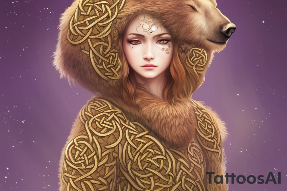 symmetry!! full body portrait!!!! of a beautiful!!!! Celtic goddess Artio, pretty face, young, wearing a Bear coat, intricate, elegant, highly detailed, digital painting, artstation, concept art, smooth, sharp focus, illustration, art, , anime character,  detailed,  vibrant,  anime face,  sharp focus,  character design,  wlop,  artgerm,  kuvshinov,  character design,  unreal engine, beautiful, aurora, crepuscule, stencil art, akihito yoshida, yoshitaka amano tattoo idea