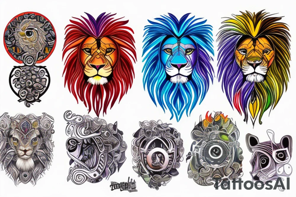 colorfull lion with lion technology elements with blue eyes tattoo idea