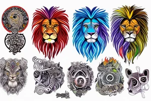 colorfull lion with lion technology elements with blue eyes tattoo idea