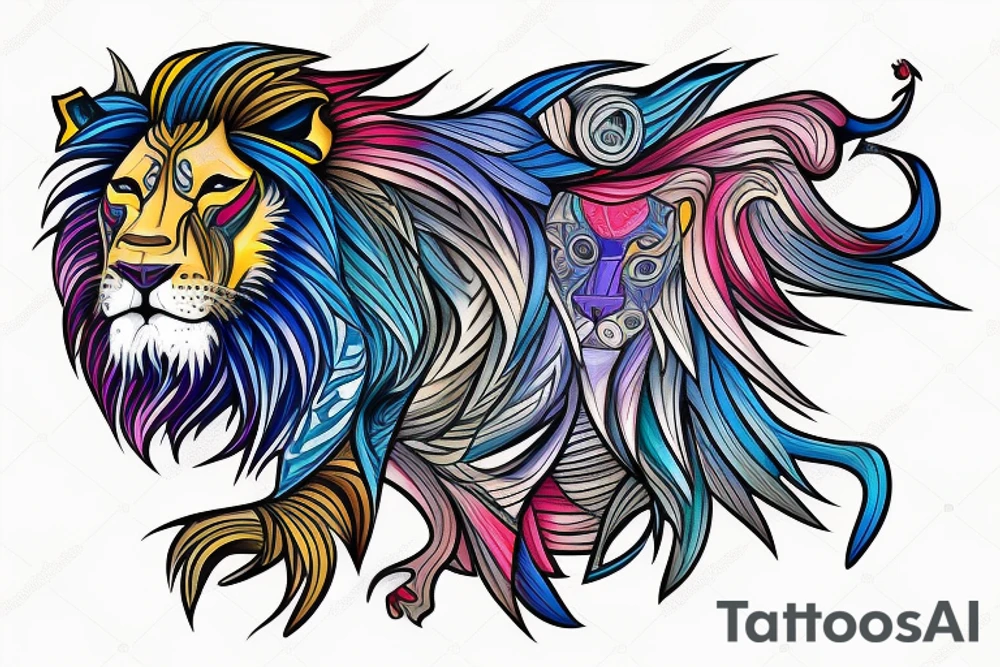 colorfull lion with lion technology elements with blue eyes tattoo idea