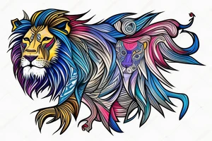 colorfull lion with lion technology elements with blue eyes tattoo idea