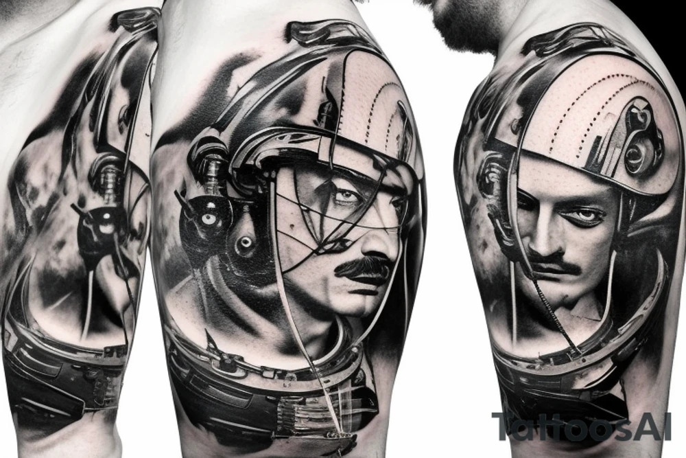 4k photo of intergalactic outlaw on a motorcycle with rifle, by salvador dali, retro, photorealistic, ambient, close-up tattoo idea