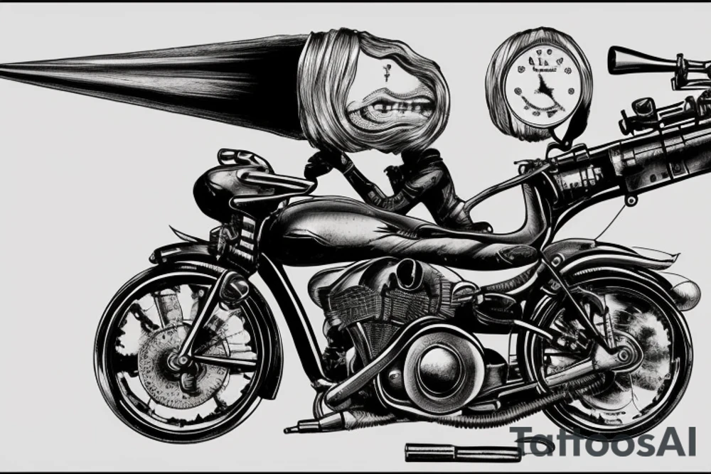 4k photo of intergalactic outlaw on a motorcycle with rifle, by salvador dali, retro, photorealistic, ambient, close-up tattoo idea