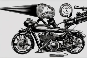 4k photo of intergalactic outlaw on a motorcycle with rifle, by salvador dali, retro, photorealistic, ambient, close-up tattoo idea