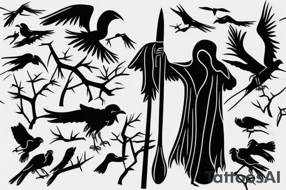 outline of grim reaper with crows in background tattoo idea