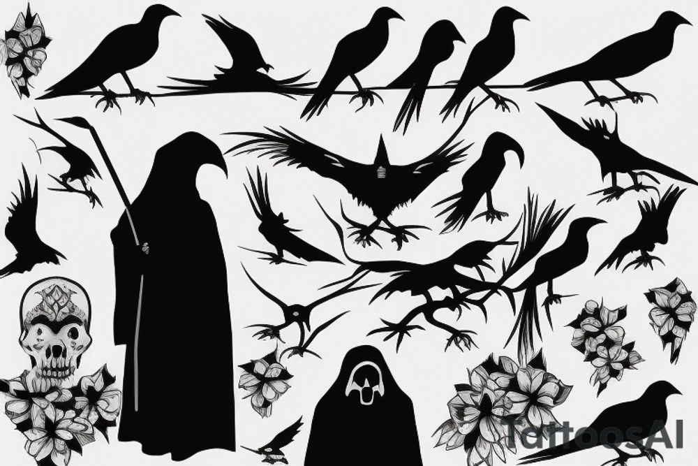 outline of grim reaper with crows in background tattoo idea